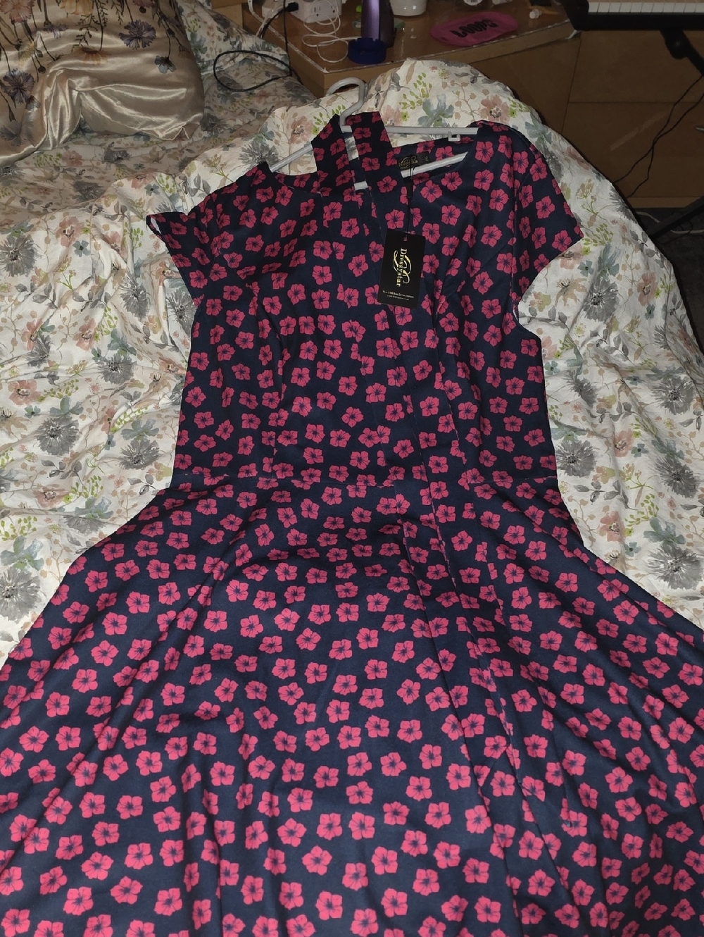 Floral Fit-and-Flare Dress in Navy and Pink